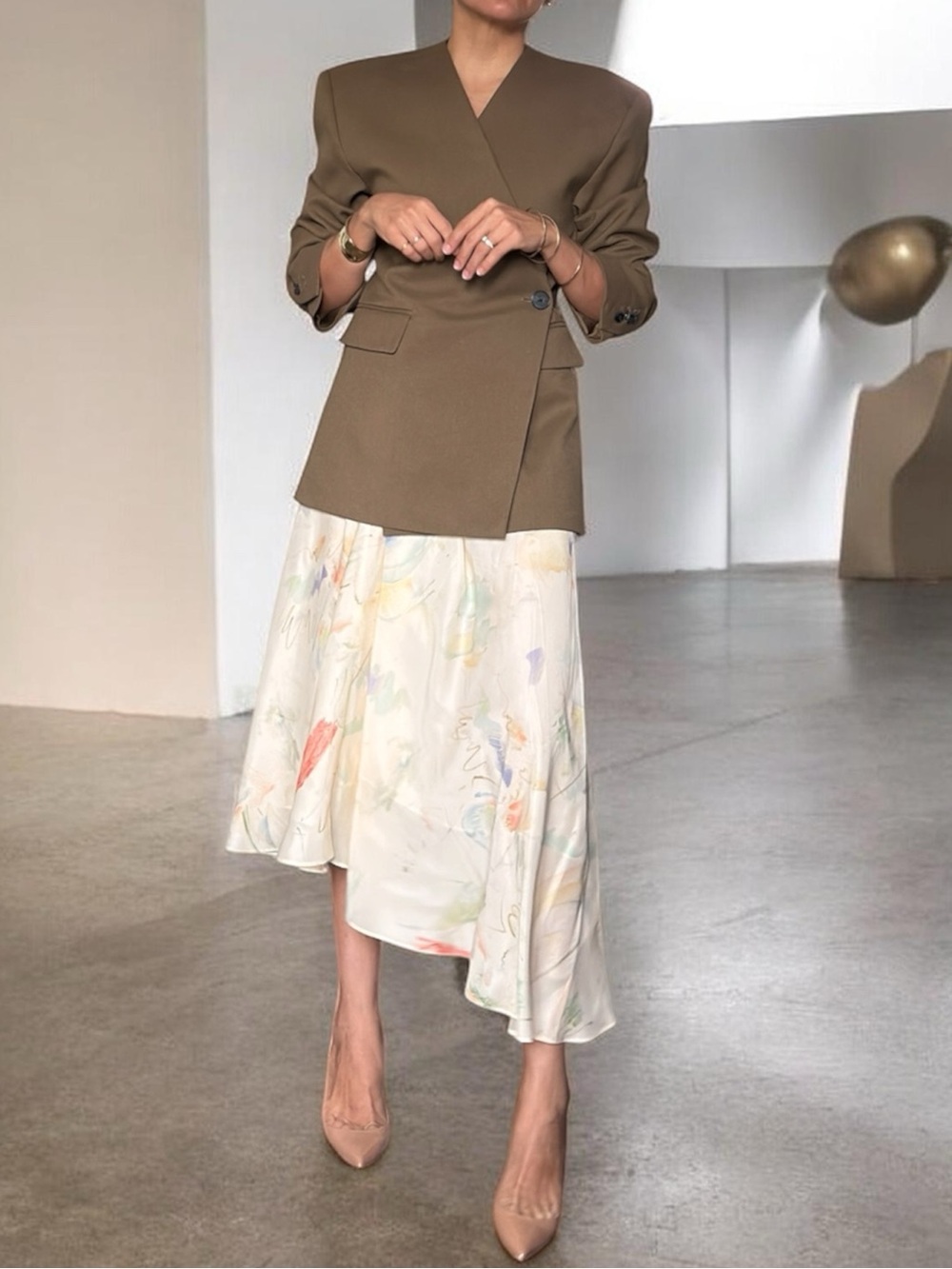 Lafayette 148 New York Cream Floral Asymmetric Midi Skirt